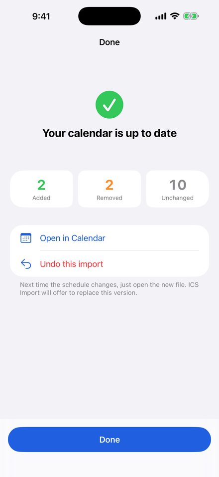 Calendar up to date, with Undo this import