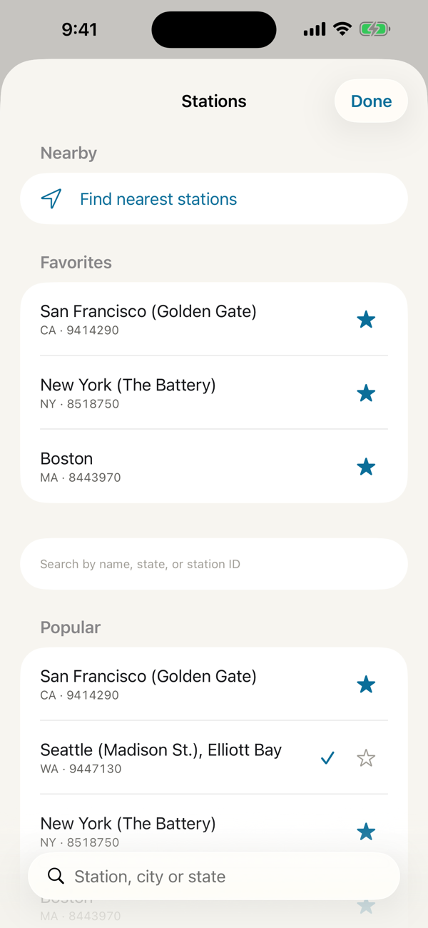 Station picker with nearby, favorite and popular stations