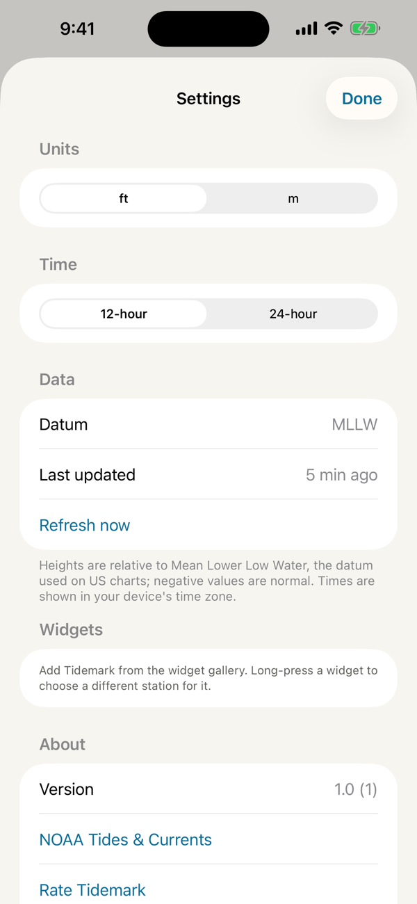 Settings for units, clock format and data refresh